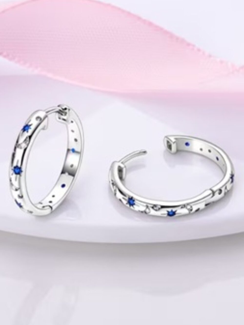 DESIGNER Moon & Starburst Silver Inlaid Clear + Blue Crystal Hoop Earrings**NEW! - Picture 2 of 3